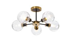 Salas Semi Ceiling, 5 Light E14 With 15cm Round Textured Melting Glass Shade, Brass, Clear & Satin Black