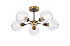 Salas Semi Ceiling, 5 Light E14 With 15cm Round Ribbed Glass Shade, Brass, Clear & Satin Black
