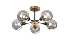 Salas Semi Ceiling, 5 Light E14 With 15cm Round Segment Glass Shade, Brass, Smoke Plated & Satin Black