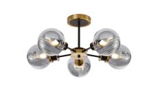 Salas Semi Ceiling, 5 Light E14 With 15cm Round Double Textured Smooth / Ribbed Glass Shade, Brass, Smoke Plated & Satin Black