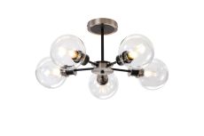 Salas Semi Ceiling, 5 Light E14 With 15cm Round Glass Shade, Satin Nickel, Clear & Satin Black