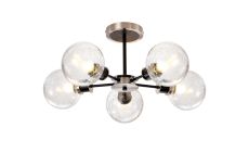 Salas Semi Ceiling, 5 Light E14 With 15cm Round Crackled Glass Shade, Satin Nickel, Clear & Satin Black