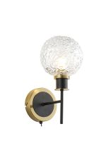 Salas Switched Wall Light, 1 Light E14 With 15cm Round Textured Crumple Glass Shade, Brass, Clear & Satin Black