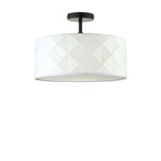 Riva 1 Light E27 Black Semi Flush Ceiling Fixture C/W White Cotton Drum Shade With Diamond Pattern Design & Complete With A Removable Diffuser