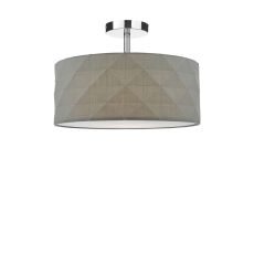 Riva 1 Light E27 Chrome Semi Flush Ceiling Fixture C/W Grey Cotton Drum Shade With Diamond Pattern Design & Complete With A Removable Diffuser