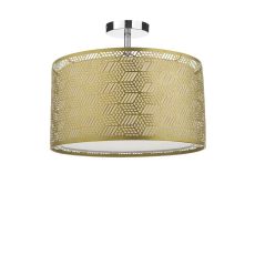 Riva 1 Light E27 Chrome Semi Flush Ceiling Fixture C/W Gold Finish Metal Drum Shade With Intricate Geometric Piercings