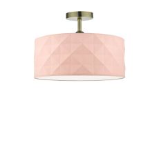 Riva 1 Light E27 Antique Brass Semi Flush Ceiling Fixture C/W Pink Cotton Drum Shade With Diamond Pattern Design & Complete With A Removable Diffuser