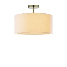 Riva 1 Light E27 Antique Brass Semi Flush Ceiling Fixture C/W Ccrain Linen Shade & Matching Fabric Diffuser