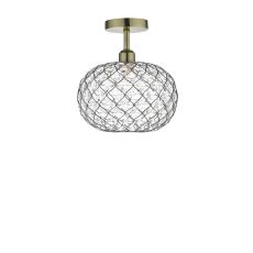 Riva 1 Light E27 Antique Brass Semi Flush Ceiling Fixture C/W Chrome Finish Frame Shade With Faceted Acrylic Heptagonal Beads
