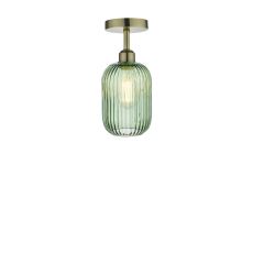 Riva 1 Light E27 Antique Brass Semi Flush Ceiling Fixture C/W Green Ribbed Glass Shade