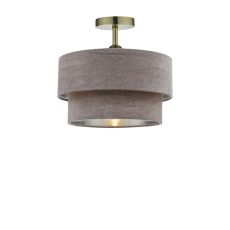 Riva 1 Light E27 Antique Brass Semi Flush Ceiling Fixture C/W Mink Velvet Shade With A Silver Metallic Lining