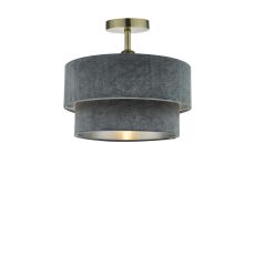 Riva 1 Light E27 Antique Brass Semi Flush Ceiling Fixture C/W Cool Grey Velvet Shade With A Silver Metallic Lining