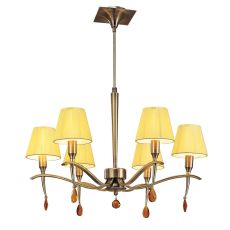 Siena Pendant Round 6 Light E14, Antique Brass With Amber Ccrain Shades And Amber Crystal