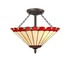 Sonoma 3 Light Semi Flush E27 With 40cm Tiffany Shade, Red/Ccrain/Crystal/Aged Antique Brass