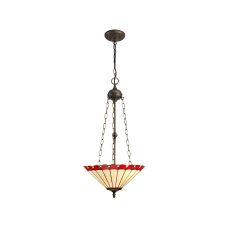 Sonoma 3 Light Uplighter Pendant E27 With 40cm Tiffany Shade, Red/Ccrain/Crystal/Aged Antique Brass