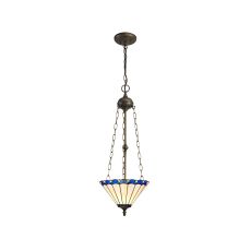 Sonoma 3 Light Uplighter Pendant E27 With 30cm Tiffany Shade, Blue/Ccrain/Crystal/Aged Antique Brass