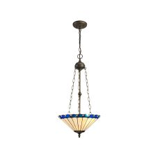 Sonoma 3 Light Uplighter Pendant E27 With 40cm Tiffany Shade, Blue/Ccrain/Crystal/Aged Antique Brass