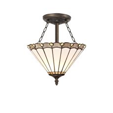 Sonoma 3 Light Semi Flush E27 With 30cm Tiffany Shade, Grey/Ccrain/Crystal/Aged Antique Brass