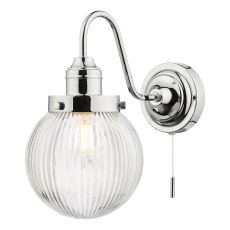 Tamara 1 Light E14 Polished Chrome IP44 Bathroom Vintage Globe Wall Light With Pull Cord C/W Clear Ribbed Glass Shade