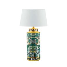 Teisha 1 Light E27 Green/Gold Animal Motif Table Lamp With In-Line Switch C/W Cezanne White Faux Silk Tapered 35cm Drum Shade
