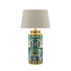 Teisha 1 Light E27 Green/Gold Animal Motif Table Lamp With In-Line Switch C/W Cezanne Taupe Faux Silk Tapered 35cm Drum Shade