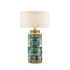 Teisha 1 Light E27 Green/Gold Animal Motif Table Lamp With In-Line Switch C/W Pyramid White Linen 35cm Drum Shade