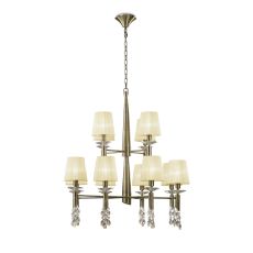 Tiffany Pendant 2 Tier 12+12 Light E14+G9, Antique Brass With Cream Shades & Clear Crystal