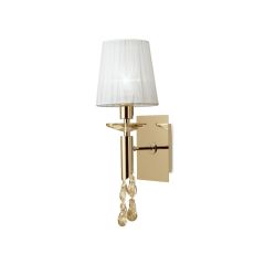 Tiffany Wall Lamp Switched 1+1 Light E14+G9, French Gold With White Shade & Clear Crystal