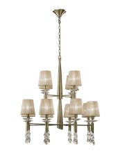 Tiffany Pendant 2 Tier 12+12 Light E14+G9, Antique Brass With Soft Bronze Shades & Clear Crystal