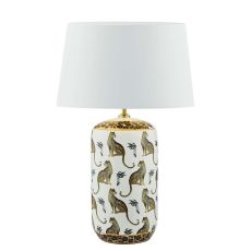 Tigris 1 Light E27 White Ceramic With Leopard Motif Table Lamp With In-Line Switch C/W Pyramid White Linen 46cm Drum Shade