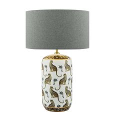 Tigris 1 Light E27 White Ceramic With Leopard Motif Table Lamp With In-Line Switch C/W Pyramid Grey Linen 46cm Drum Shade