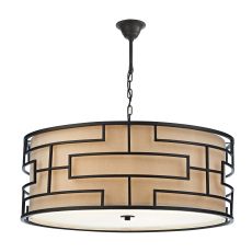 Tumola 6 Light E27 Bronze Metal Work Adjustable Pendant Complimented By Natural Linen Shade & Glass Diffuser
