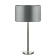 Tuscan 1 Light E27 Satin Chrome Table Lamp With Inline Switch C/W Hilda Grey Faux Silk 30cm Drum Shade