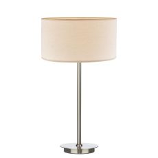 Tuscan 1 Light E27 Satin Chrome Table Lamp With Inline Switch C/W Puscan Taupe Cotton 30cm Drum Shade
