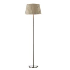 Tuscan 1 Light E27 Satin Chrome Floor Lamp With Foot Switch C/W Degas Taupe Faux Silk Tapered 40cm Drum Shade