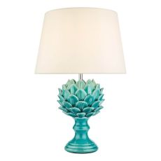 Violetta 1 Light E27 Blue Ceramic Table Lamp With Inline Switch C/W White Faux Silk Tapered 40cm Drum Shade