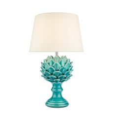 Violetta 1 Light E27 Blue Ceramic Table Lamp With Inline Switch C/W Grey Linen Tapered 30cm Drum Shade