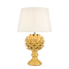 Violetta 1 Light E27 Yellow Ceramic Table Lamp With Inline Switch C/W Grey Linen Tapered 30cm Drum Shade