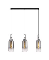 Vista Linear 3 Light Pendant E27 With 16cm Cylinder Glass, Smoked/Clear Polished Nickel/Matt Black