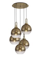 Vista Round 5 Light Pendant With 30cm Globe Glass, Brass Gold/Matt Black Brass Gold/Clear