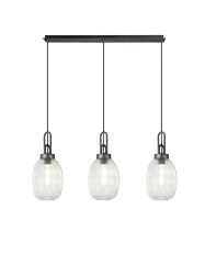 Vista Linear 3 Light Pendant With 20cm Almond Ribbed Glass, Aged Pewter/Matt Black Clear