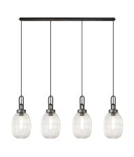 Vista Linear 4 Light Pendant With 20cm Almond Ribbed Glass, Aged Pewter/Matt Black Clear