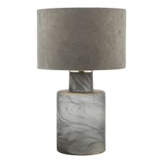 Wanda 1 Light E27 Smoked Glass Base Table Lamp With Inline Switch C/W Grey Velvet 34cm Drum Shade