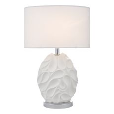 Zachary 1 Light E27 White Sculptured Oval Table Lamp With Inline Switch C/W White Linen Oval Shade
